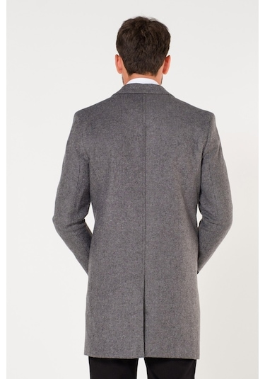 V Yaka Kışlık Kırçıllı Gri Erkek Kaşe Kaban-Koyu Gri