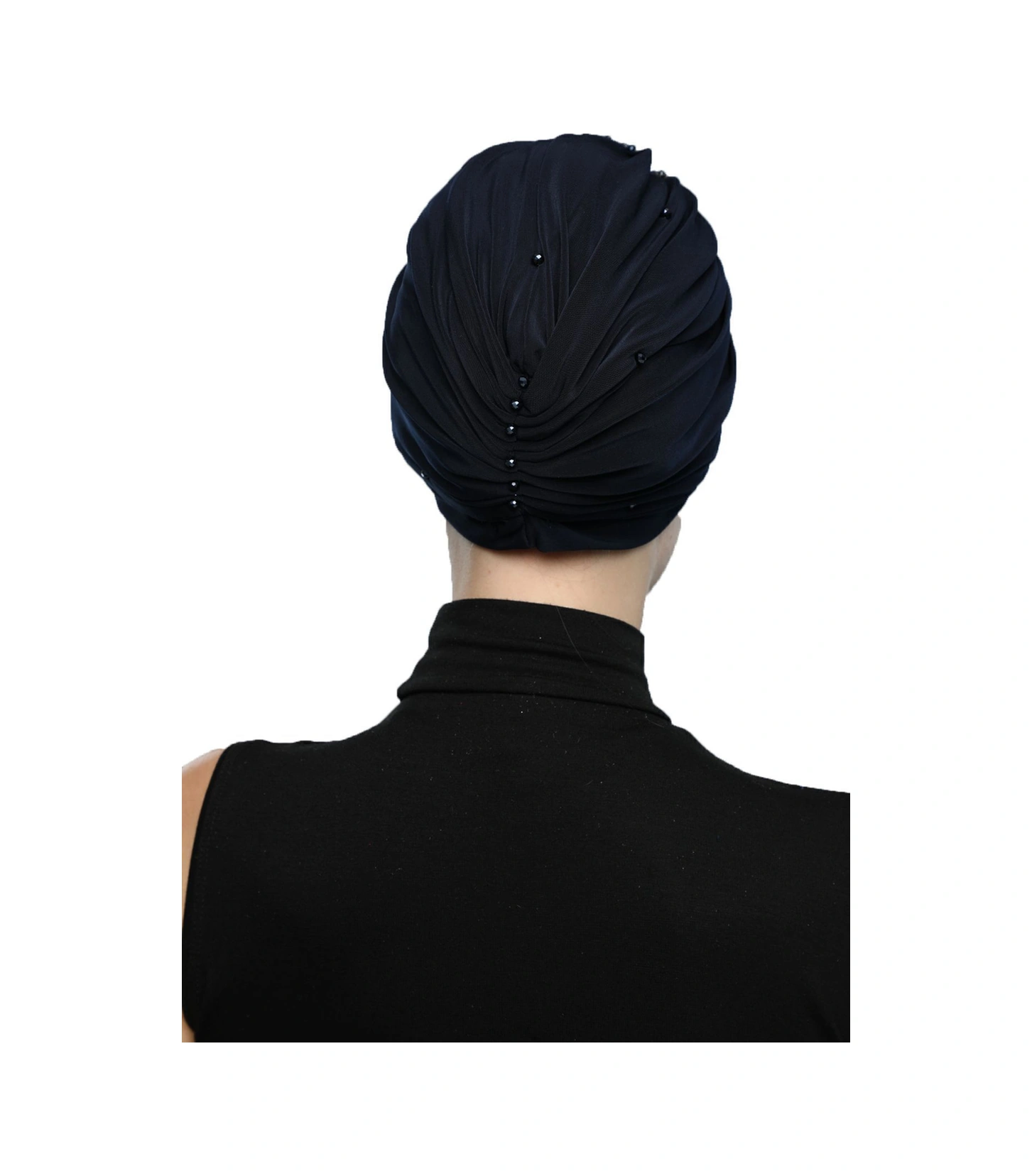 Kopma Astarlı İşlemeli Lacivert Sarı Dantel Motifli Hazır Türban Tesettür Abiye Bone Lacivert-sarı