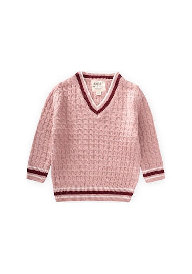 Cigit Saç Örgü V Yaka Kazak 2-9 Yaş Pudra Pembe Pudra Pembe