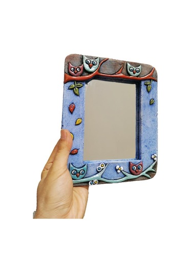 Özel Tasarım Baykuş Süslemeli Seramik Çerçeve Ayna 14.5 X 10 Cm Çok Renkli