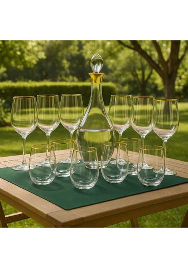 Gold 25 Parça Bardak Seti 12 Kişilik 12 Adet Su Bardak 12 Adet Ayaklı Bardak 1 Adet Şişe Beyaz