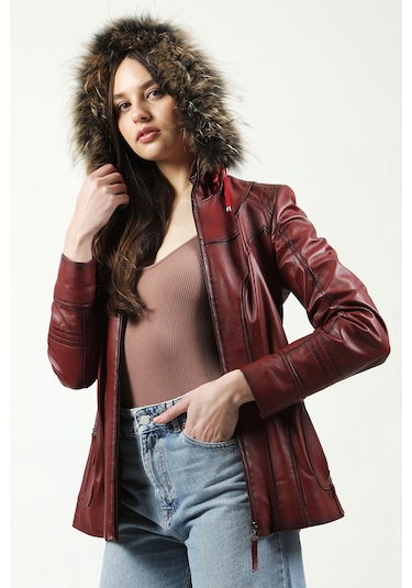 Dericlub Mistral Kadın Kapüşonlu Hakiki Deri Kaban Ök.bordo Ök.bordo Bordo