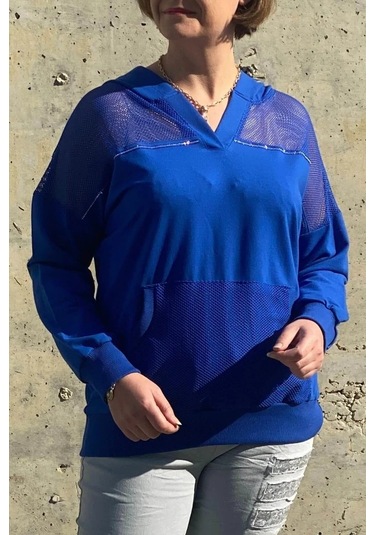 Kadın Saks Mavi File Detaylı Bluz Saks Mavi