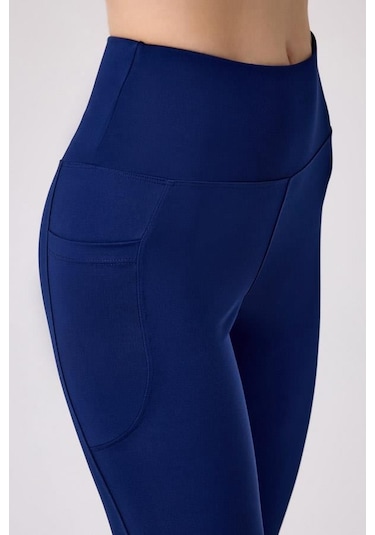 Lacivert Yüksek Bel Çift Cepli İspanyol Paça Kadın Tayt Lacivert