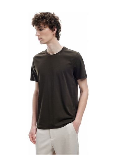 Koton Pamuklu Kısa Kollu Bisiklet Yaka Erkek Basic Tişört Kahverengi 6wam10062hk Kahve