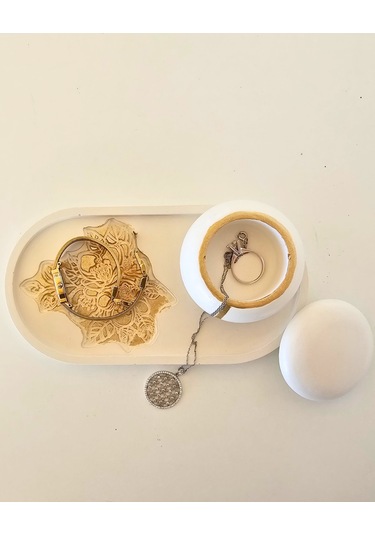 Tealight Mumluk & Tepsi Seti Özel Tasarım Kabartmalı Desen 3 Parça Gold Boyama Kırık Beyaz