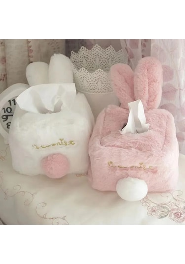 Pembe Kare-kawaii Doku Kapak Sevimli Pembe Peluş Tavşan Dokular Saklama Kutusu Tiki Kız Ev Dekorasyon Hediye Tuvalet Kağıdı Tutucu Peçete Kılıfı