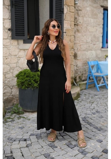 Kadın Kalın Askılı V Yaka Yırtmaç Detay Viskon Elbise Siyah