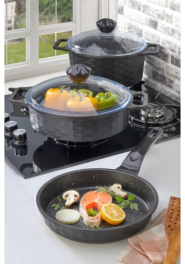 Polochef Kristal Granit Tencere Ve Tava Seti 5 Parça Siyah Siyah