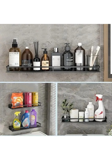 Alüminyum Raf Banyo Depolama Rafı Duvara Monte Kozmetik Depolama Siyah
