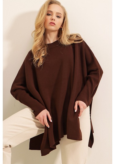 Bigdart 15783 Yırtmaçlı Panço Kazak - Kahverengi 001