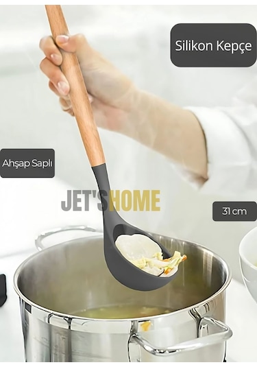 Silikon Kepçe Mutfak Kepçesi Ahşap Saplı 31 Cm