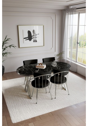 Selenit Mutfak Yemek Masası Takımı- 4 Kişilik Mutfak Masa Sandalye Takımı- Mutfak Masası Takımı Gümüş Siyah Mermer