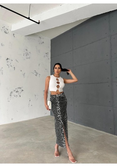 Zeo Basic Leopar Desenli Maxi Etek Haki