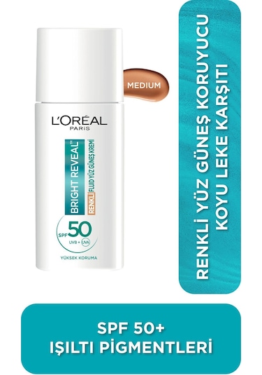 L'Oréal Paris Bright Reveal Koyu Leke Karşıtı Renkli Fluid Günlük Yüz Güneş Kremi SPF50 Medium 50 ML