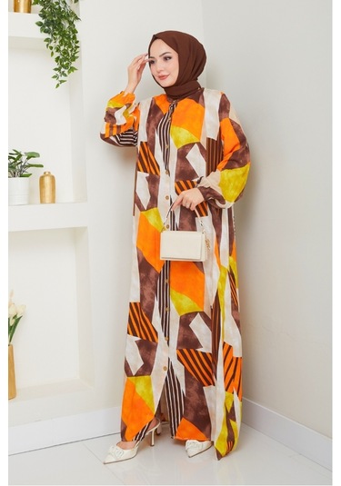 Milaz Boydan Düğmeli Dokuma Viskon Elbise 1501 - Turuncu Turuncu