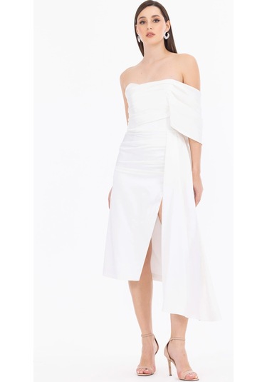 Kadın Asimetrik Yaka Midi Boy Şifon Dokuma Abiye Elbise - Beyaz Beyaz