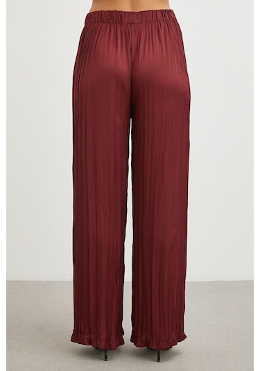 Uterpe Mürdüm Pliseli Saten Pantolon Bordo