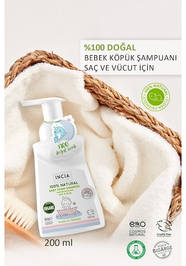 INCIA %100 Doğal Organik Sertifikalı Bebek Köpük Şampuanı Saç Vücut Lavanta Konak Önleyici Yenidoğan 200 ml