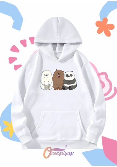 Çocuk Unisex Ayıcıklar Baskılı Oversize Kapüşönlü Sweatshirt BEYAZ