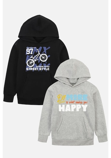 2'li Street Style-do More Baskılı Erkek Çocuk Kanguru Cepli Kapüşonlu Siyah-gri Sweatshirt Siyah - Gri3