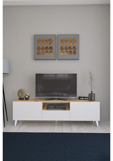 Bravix Modern Tv Ünitesi 3 Bölmeli Tv Sehpası Gövde Çam Kapaklı Beyaz - Antrasit