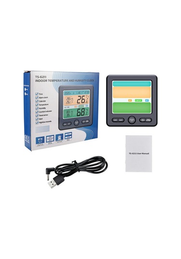 Ts-6211 Çok İşlevli Dijital Higrometre Termometre Büyük Ekran Sıcaklık Nem Monitörü Elektronik Saat - Siyah Siyah