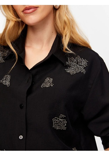 Faik Sönmez Boncuk Nakış Detaylı Tenselli Kadın Gömlek W26gml010 Siyah