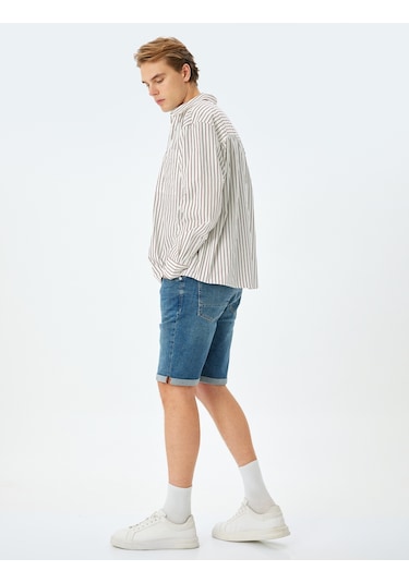 Koton Katlamalı Paça Bermuda Slim Fit Jean Şort Orta İndigo 5sam40009ıd İndigo