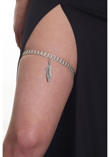 Labalaba Kadın Antik Gümüş Kaplama Yaprak Charm Detaylı Lastikli Bacak Zinciri Gümüş