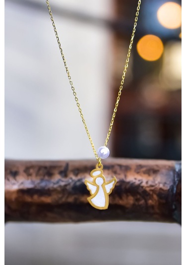 925 Ayar Gümüş Gold Kaplama Parlayan Rüya Serisi Tasarım Incili Beyaz Ebruli Cam Boyalı Melek Kolye