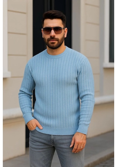 Erkek Bisiklet Yuvarlak Yaka Triko Kazak Pamuklu Kalın Fitilli Dokuma, Regular Fit Uzun Kollu Kışlık Bebe Mavisi