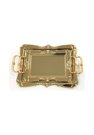 Dalgıç Gümüş 2 Li Nosalji Tepsi Set Dikdörtgen Dövme Altın Renk