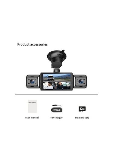 Pazly 360 4 Kanallı Araç Kamerası - 1080p Ön 720p Sağ Sol Arka Gece Görüşlü 32gb Kart 3 Lensli