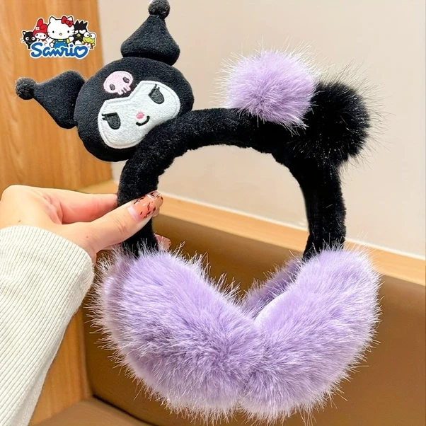 Elmpaly Cute Kuromi Kadın Peluş Kulaklık Yumuşak Kışlık Seyahat Günlük