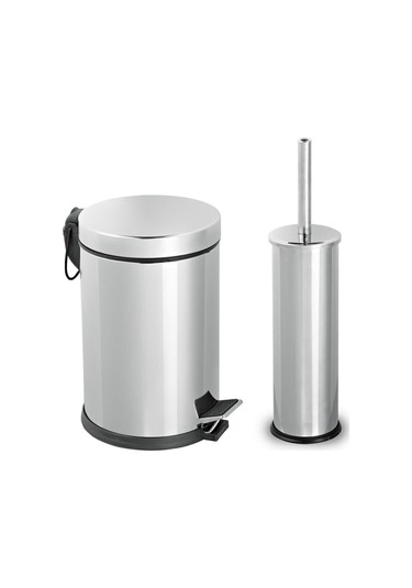 Paslanmaz Pedallı 8 Lt Çöp Kovası - Klozet Fırçası 2'li Banyo Seti Gri