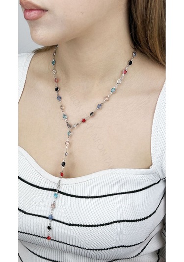 Y Kolye, Çok Renkli 385, Kasa Gümüş Renk Gümüş