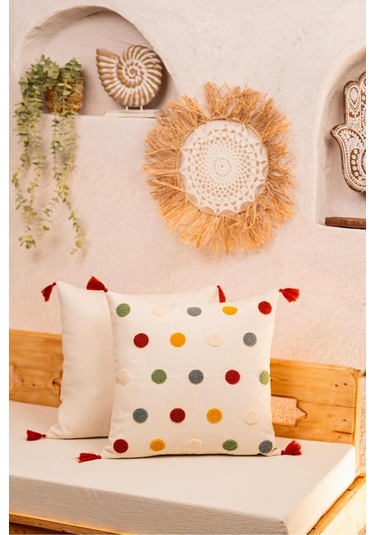 Çok Renkli Benek Desenli Püsküllü Kırlent Kılıfı Çok Renkli