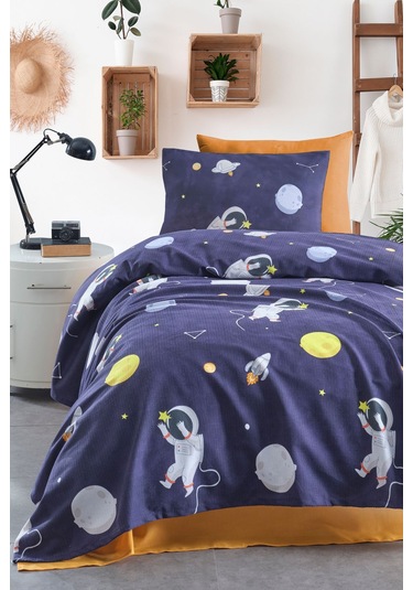 Enlora Home Baskılı Pike Takımı Tek Kişilik Astron Lacivert