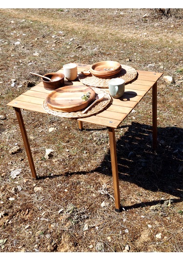 Joyfull Turtle 70x70x50 cm Kayın Katlanır Rulo Kamp Masası ve Çantası