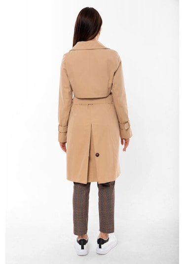 Pastelastore %100 Pamuk Gabardin Midi 95cm Astarlı Kemerli Kadın Trençkot 1113 Açık Bej
