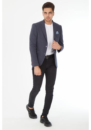 Sposo 5134 Dar Kalıp Örme Kumaş Lacivert Erkek Blazer Ceket Lacivert