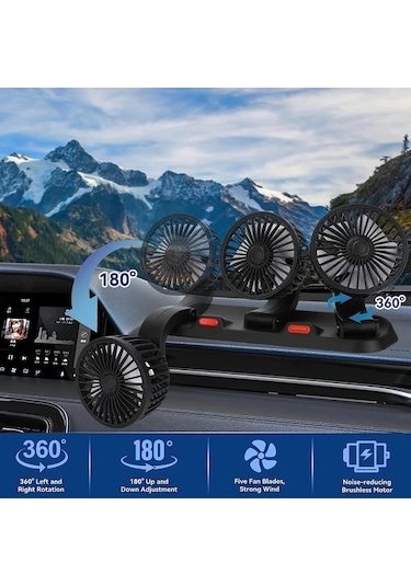 Dashanshop Siyah Güçlü 3 Başlıklı Araba Fanı 360 Dönebilir Usb 15w Çift Hız Ayarlanabilir 5 Büyük Bıçaklı Araba Ve Ev Laptop Aksesuarı