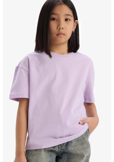 DeFacto Kız Çocuk Relax Fit Bisiklet Yaka Basic Düz Kısa Kollu Tişört D9099A825SMPR143 Mor