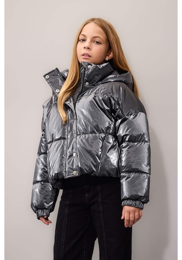 DeFacto Kız Çocuk Su İtici Kapüşonlu Fermuarlı Çıtçıt Kapamalı Mont C5765A824WNGR266 Gri