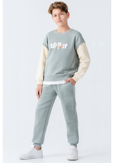Erkek Çocuk Upper Baskılı 3 İplik Kalın Kışlık Eşofman Takımı Ak4231 Yeşil