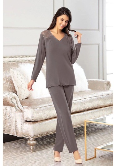 Faal 8618 Kadın Uzun Kollu Dantel Detaylı Pijama Takımı-füme Füme