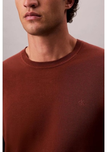 Calvin Klein Erkek Regular Kalıp Supima Pamuklu Triko Kazak - Kiremit Cherry Mahogany