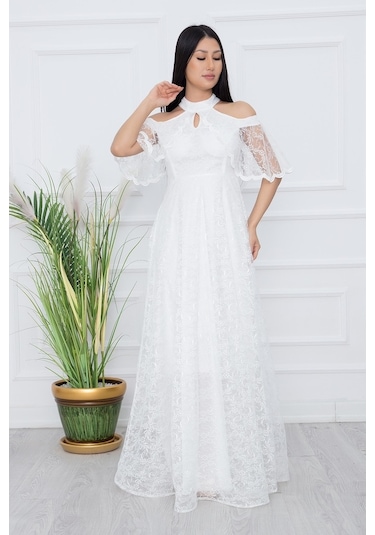 Kalopya Omuz Detay Uzun Dantel Abiye Elbise 13328 Ekru