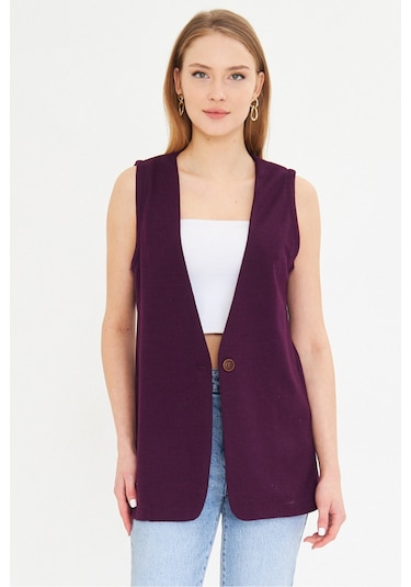 Armonika Kadın Mor V Yaka Tek Düğmeli Oversize Desenli Yelek Arm-25k001110